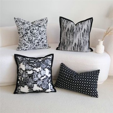 新中式黑白灰色系組合黑邊抱枕高級感樣板房靠枕客廳沙發靠墊腰枕