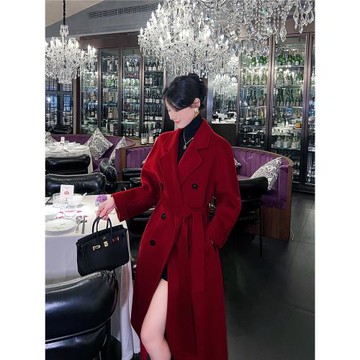 (免運)紅色雙面羊絨大衣女2025冬季新款高端經典雙排扣氣質結婚毛呢外套