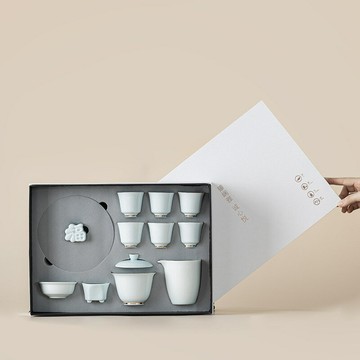 ??快速出貨?? 公司貨 影青陶瓷茶具套裝簡約家用13頭整套功夫茶器蓋碗茶杯伴手禮品禮盒