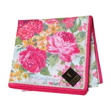 YSL Yves Saint Laurent 繽紛玫瑰圖騰品牌字母LOGO帕領巾(粉色系/白底/49CM)