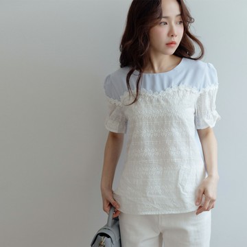 ★限時下殺$550★MIUSTAR圓領縮口袖拼接花邊刺繡布蕾絲上衣(共2色)0527預購【NR1280】