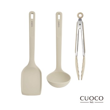 【CUOCO】 北歐半月柄全矽膠廚具3件組-白色(炒鏟+湯勺+料理夾)