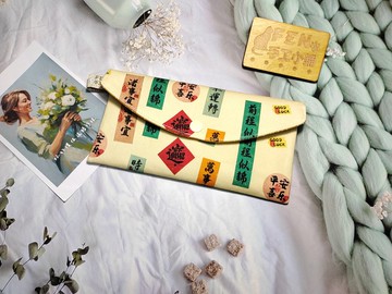 單層紅包袋-厚棉米黃底前程似錦發財布紅包袋-存摺袋-手作布紅包