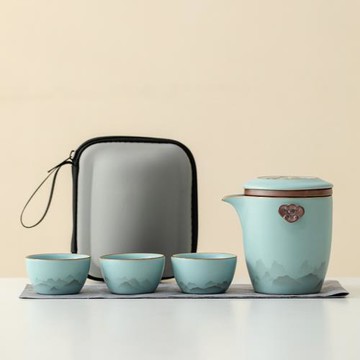 汝窯旅行茶具套裝便攜式一壺兩杯快客杯隨身戶外露營功夫茶杯泡茶
