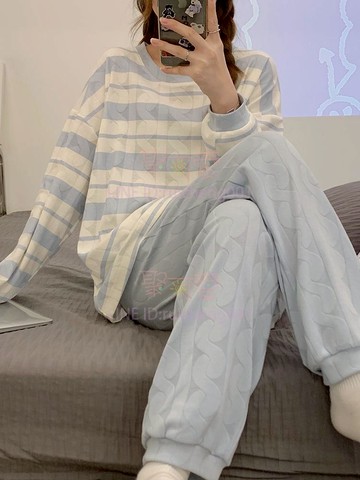 睡衣女 春秋冬季純棉夏天套裝家居服 高級感條紋提花長袖【不二雜貨】