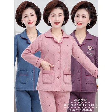 中老年空氣夾層純棉睡衣女長袖春秋加厚老年人媽媽家居服秋冬薄款