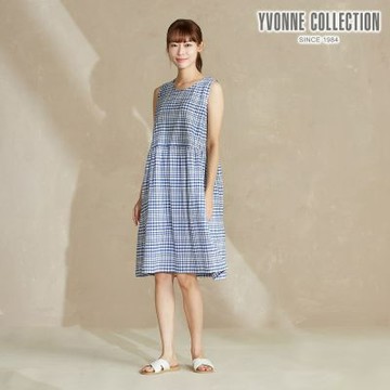 YVONNE 以旺傢飾 皺皺格紋無袖洋裝-藍