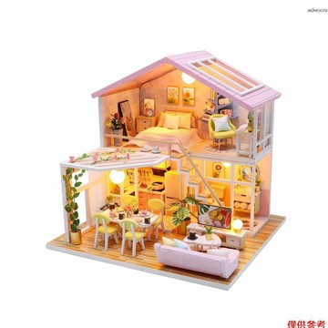 手工DIY小屋 益智拼裝木製玩具模型 帶LED燈 蜜語時光主題M2001（不帶電池出貨）