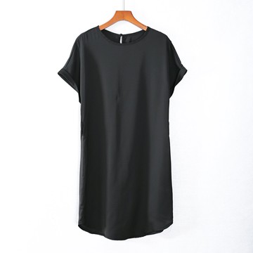 女裝中長裙短袖圓領純色寬松連衣裙子氣質時尚