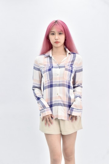 (S) roxy 長袖格紋藍色襯衫上衣