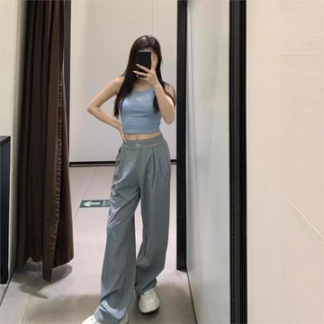 春夏休閑運動長褲梭織闊腿高腰針織涼感輕薄神褲