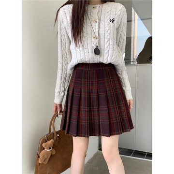 大碼復古格子半身裙秋冬胖mm學院風高腰短裙顯瘦A字裙遮胯百褶裙
