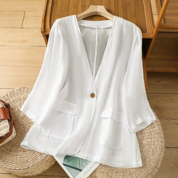 【巴黎精品】現貨+預購 高級法式西裝外套OL套裝西服上衣寬鬆大碼休閒女裝-亞麻V領七分袖女外套3色a1kw62