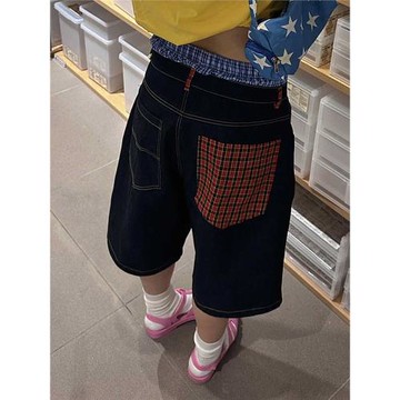 美式復古格子拼接牛仔七分褲女夏季低腰炸街寬松工裝中褲黑色短褲