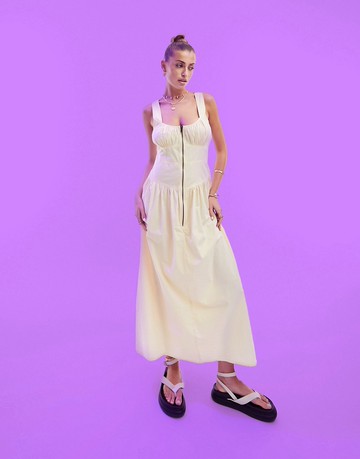 ASOS DESIGN washed cotton drop waist utility midi dress with zip detail in cream-White