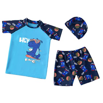 我家寶貝 兒童泳衣3件組 泳衣+泳褲+泳帽  L  恐龍