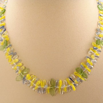 黃藍綠捷克琉璃項鍊 花瓣葉片串珠頸圈項鍊 飾品