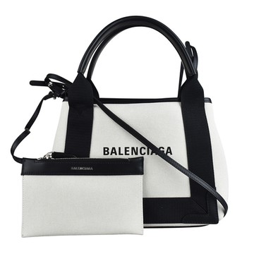 BALENCIAGA 巴黎世家  CABAS經典LOGO標誌皮革滾邊帆布手提斜背子母包(XS/白x黑)