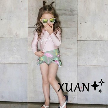 Xuan♥ 【附泳帽】韓版兒童中小童泳裝泳衣兒童款幼童荷葉邊高腰泳裝防曬長袖兩件式