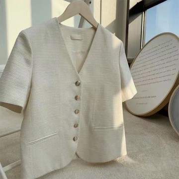 氣質簡約v領短袖西裝外套女夏季洋氣溫柔疊穿外搭短款小香風開衫