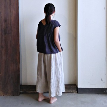 前後交叉小包袖上衣  細褶款  亞麻 灰紫