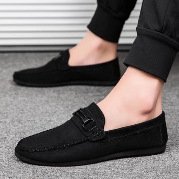 春季帆布鞋男透氣豆豆鞋男韓版潮流軟底懶人鞋不系帶休閑黑色布鞋