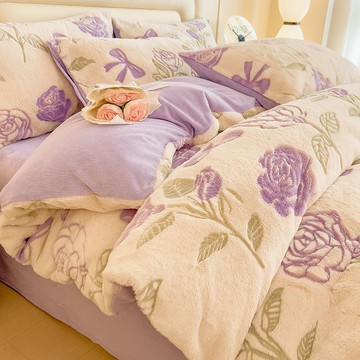 雕花兔毛絨床上四件套加厚牛奶絨床單被套罩三件套冬季保暖珊瑚絨