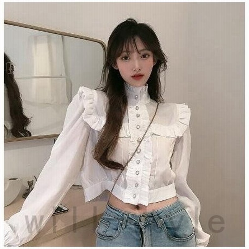ショート丈 フリル ブラウス 韓国 オルチャン 原宿系 可愛い ガーリー ハイネック シャツ 長袖 レトロ 無地 トップス 通販 Lineポイント最大get Lineショッピング