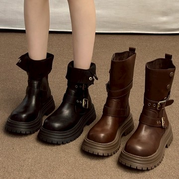 【白鳥麗子】厚底靴 重工皮革雙釦環拼接中筒短靴 店長推薦