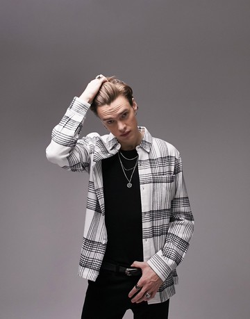 Topman long sleeve regular flannel check shirt in monochrome-White
