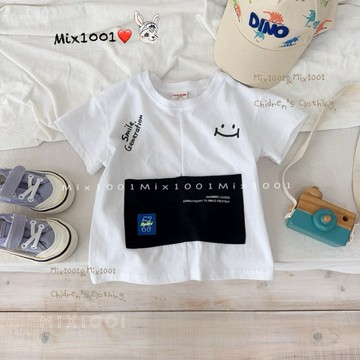 🌈✨mix1001薄 涼透感 造型大口袋車縫上衣✨兒童小表情字母上衣