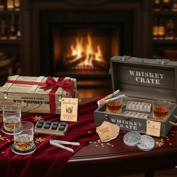 收禮人自選款式｜高奢復古木箱威士忌波本杯冰石杯墊禮盒組｜送給重要的朋友長輩 喬遷之禮｜送禮自用兩相宜 酒品藏家蒐藏