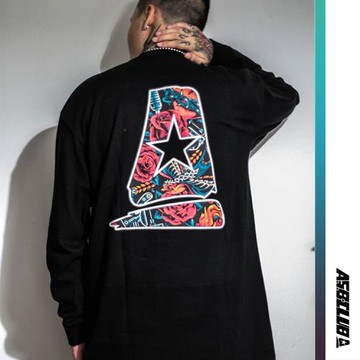 來福葉店花紋A星長袖T恤tee街頭寬松滑板搖滾西海岸小領非潮牌