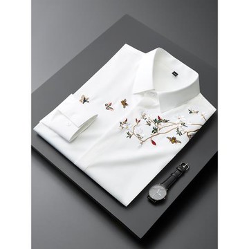 高級感中國風刺繡白襯衫男長袖春夏免燙修身潮流上衣休閑襯衣男士