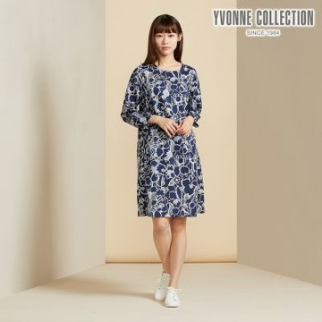 YVONNE 以旺傢飾 雙層棉印花長袖洋裝-丈青
