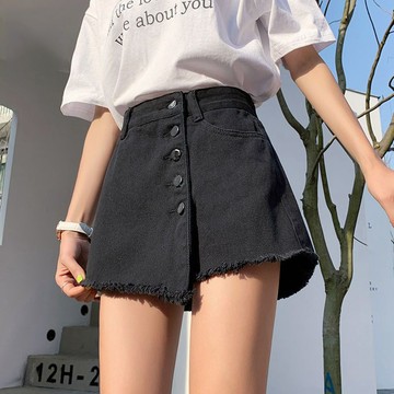 SY黑色牛仔短褲女韓版高腰寬松闊腿a字褲黑色假兩件褲裙時尚休閑百搭甜美風日系穿搭短褲潮
