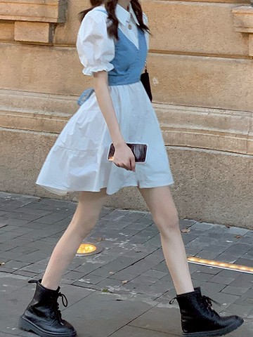 可甜可鹽裙子新款春夏季短袖polo領連衣裙女裝牛仔上衣兩件套