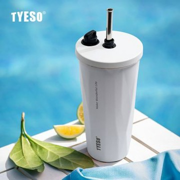TYESO 日規設計 純色鑽石吸管彈跳隨行杯470ml(折疊吸管/防漏/304不鏽鋼/保溫/保冷/附提手底套)