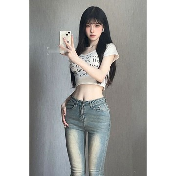 臺灣/✨短袖 t恤白色字母印花正肩短袖t恤女夏季打底衫修身顯瘦辣妹露臍短款上衣