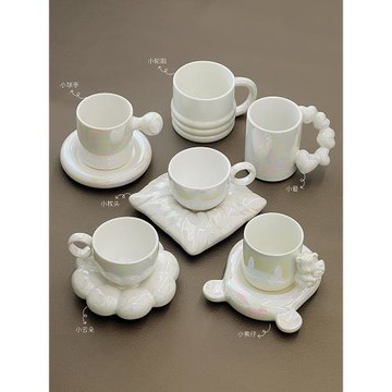 珍珠色杯子套杯 奶白色咖啡杯 下午茶紅茶杯 家用大口拉花杯