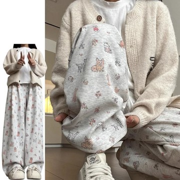 【M-5XL大尺碼】大尺碼女裝 秋冬女褲 加絨褲 休閒褲 保暖褲 大碼300斤可愛印花小狗闊腿褲女秋冬加絨加厚休閒韓版百