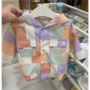 韓國童裝 24夏新款男女童寶寶帶帽撞色方格防曬服外套 空調房襯衣