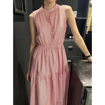 韓國chic夏季復古氣質立領小排扣收腰顯瘦荷葉邊條紋背心連衣裙女