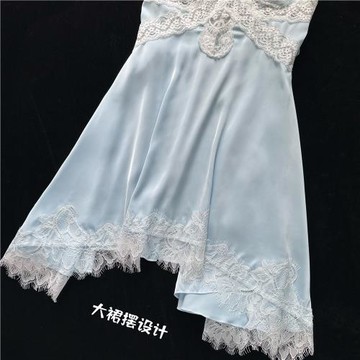 【深海少女】水藍色夏季冰絲吊帶睡裙女輕薄蕾絲性感睡衣夏天薄款