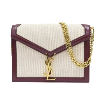 SAINT LAURENT YSL 聖羅蘭 米白/酒紅 帆布 Cassandra 肩背包 【二手名牌BRAND OFF】