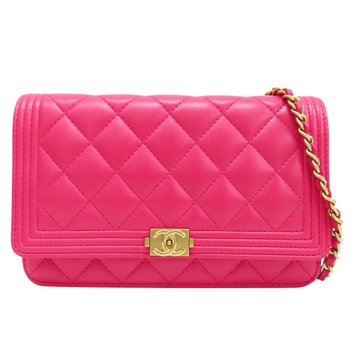 CHANEL 香奈兒 桃紅色 羊皮 BOY WOC 鏈帶肩背包 金釦 (無卡) 【二手名牌BRAND OFF】