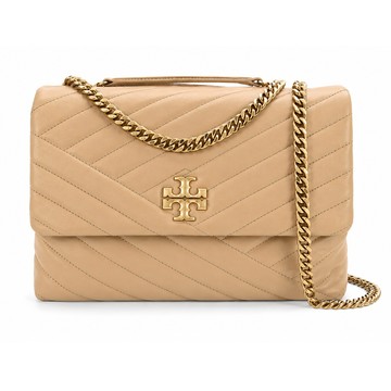 TORY BURCH KIRA 雙T金字LOGO鍊斜紋衍縫翻蓋兩用包(大/奶茶)
