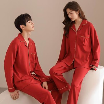 棉質睡衣女本命年紅色長袖開衫高級感套裝男春秋情侶家居服兩件套