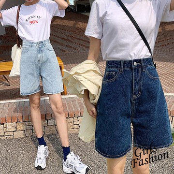 GOFO 短褲 韓系穿搭 高腰顯瘦 直筒褲 復古深藍色牛仔短褲 休閒褲 女生短褲 女裝褲子 夏天 夏季 女裝 秋季服飾