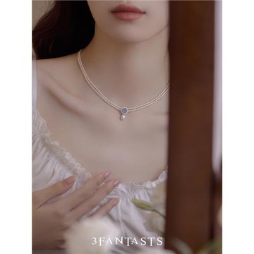 3FANTASTS天然海藍寶吊墜2mm珍珠項鏈女頸鏈小眾設計輕奢高級感